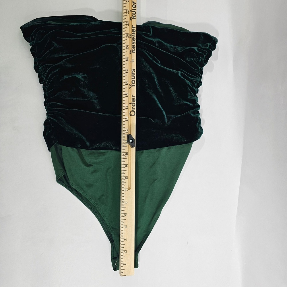 Fabrik Green Velvet Darling Ruched Bodysuit Women's L Neck Strap Tie 90s Revival - Picture 7 of 7